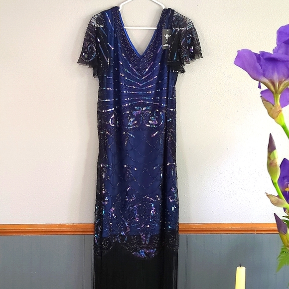 Flapper dress, Navy and sequin midi dress with lots of Fringe and bling - Picture 1 of 3